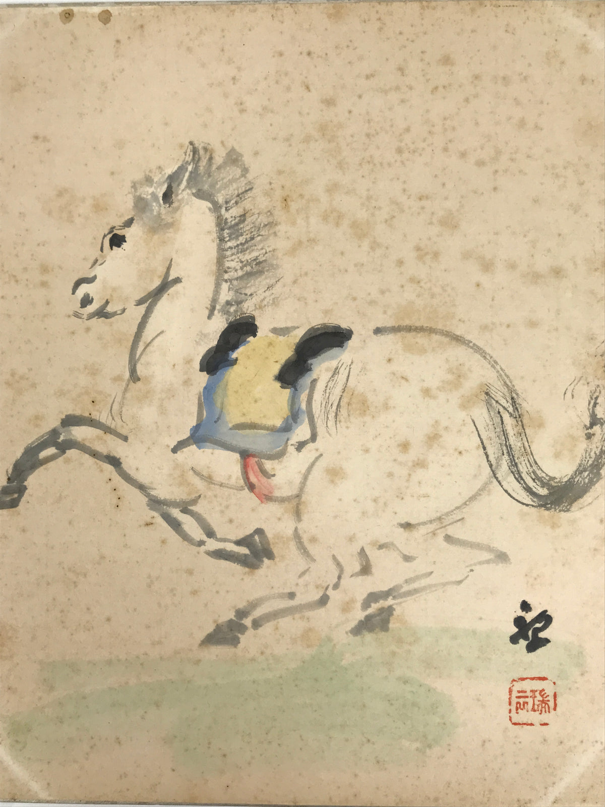 Japanese Shikishi Art Board Vtg Painting Zodiac Prancing White Horse Uma A836-AD - Painting-chidorivintage.com