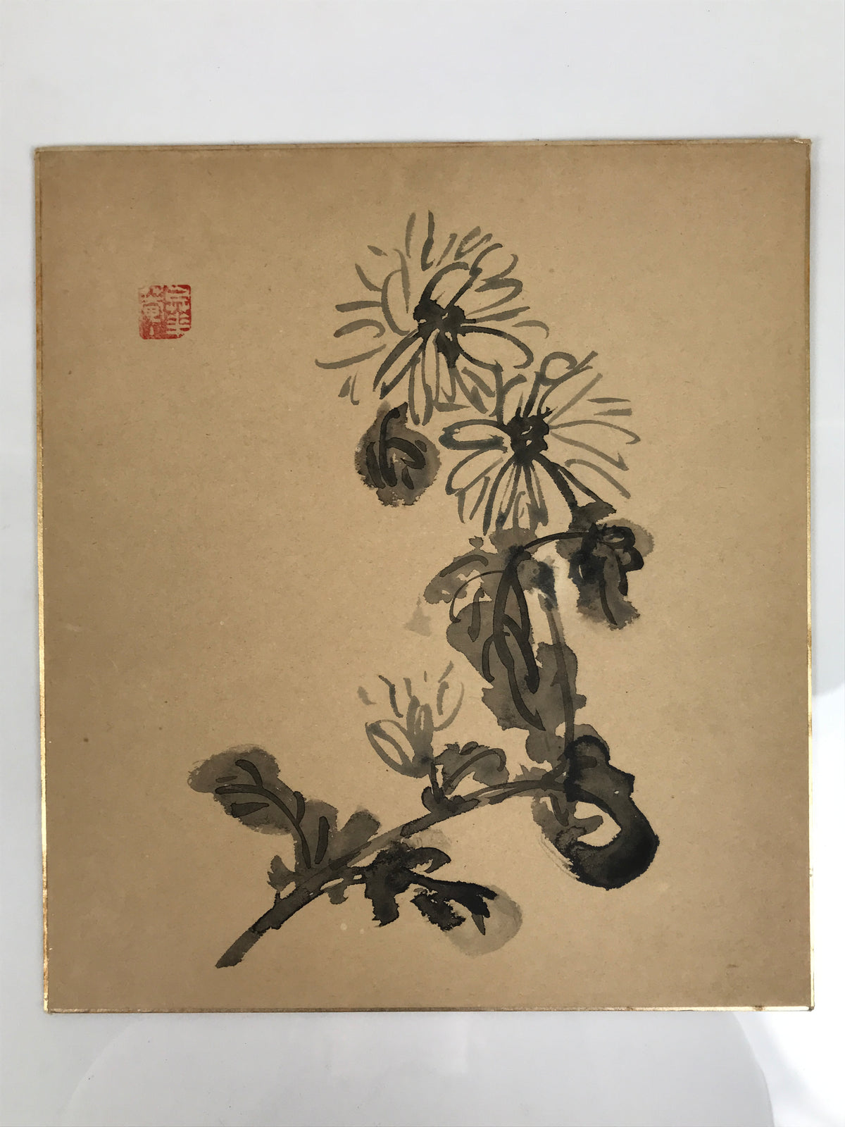 Japanese Shikishi Art Board Vtg Painting Chrysanthemum Flowers Brown Black A837-AD - Painting-chidorivintage.com