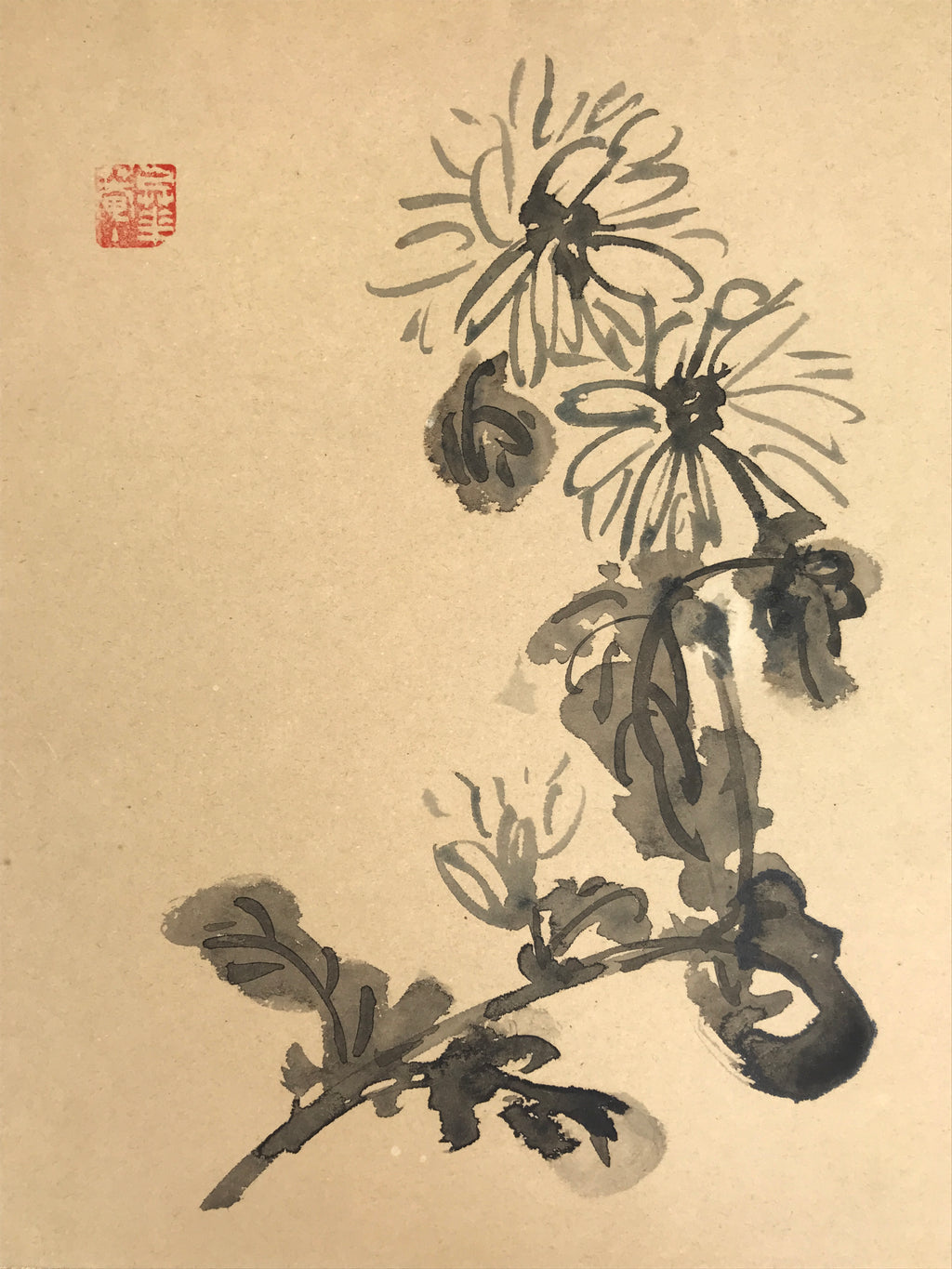 Japanese Shikishi Art Board Vtg Painting Chrysanthemum Flowers Brown Black A837-AD - Painting-chidorivintage.com