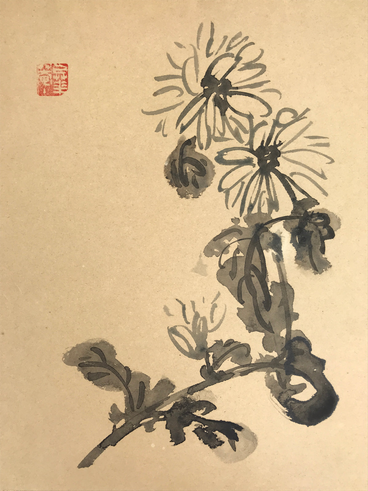 Japanese Shikishi Art Board Vtg Painting Chrysanthemum Flowers Brown Black A837-AD - Painting-chidorivintage.com