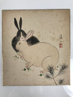 Japanese Shikishi Art Board Vtg Painting Zodiac Black White Rabbits Usagi A840-AD - Painting-chidorivintage.com