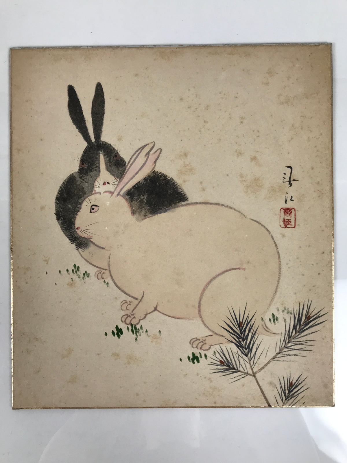 Japanese Shikishi Art Board Vtg Painting Zodiac Black White Rabbits Usagi A840-AD - Painting-chidorivintage.com