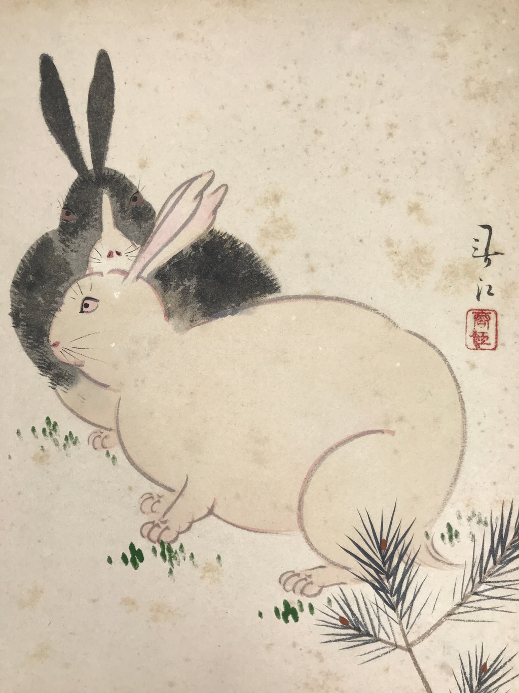 Japanese Shikishi Art Board Vtg Painting Zodiac Black White Rabbits Usagi A840-AD - Painting-chidorivintage.com