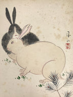 Japanese Shikishi Art Board Vtg Painting Zodiac Black White Rabbits Usagi A840-AD - Painting-chidorivintage.com