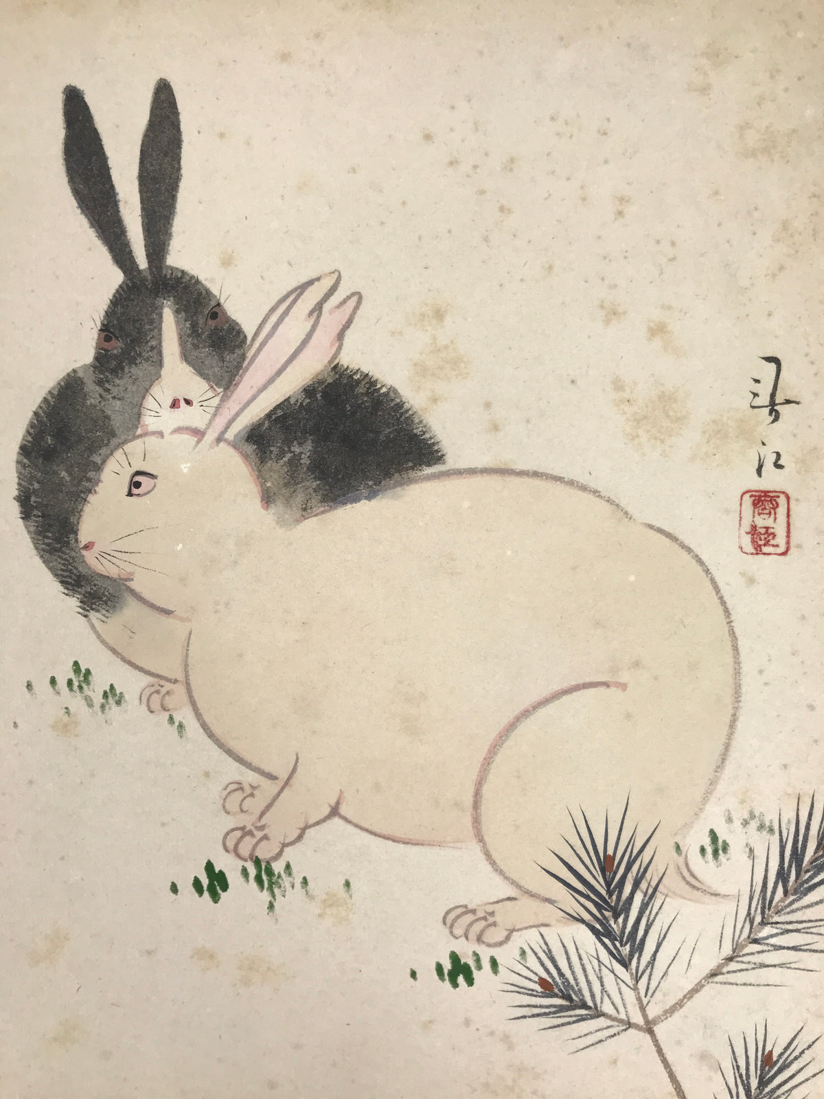 Japanese Shikishi Art Board Vtg Painting Zodiac Black White Rabbits Usagi A840-AD - Painting-chidorivintage.com