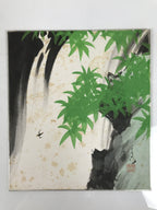 Japanese Shikishi Art Board Vtg Painting Waterfall Scene Taki Bamboo Leaves A843-AD - Painting-chidorivintage.com