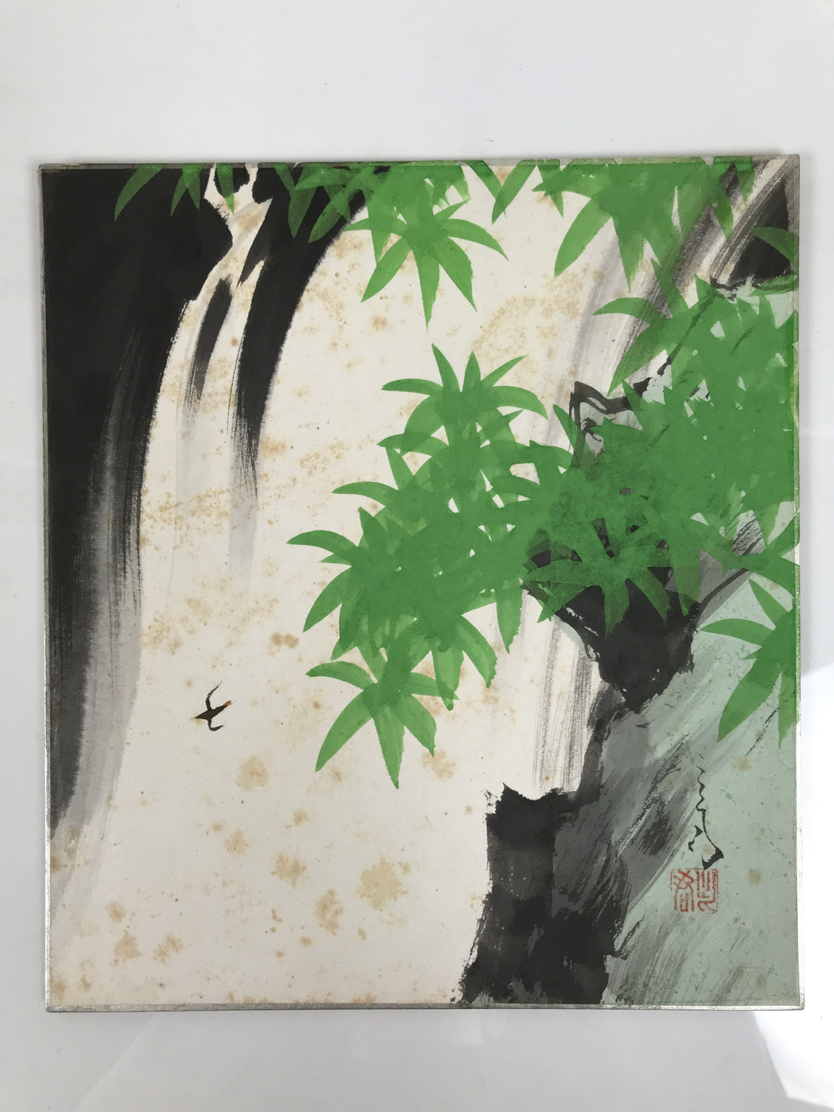 Japanese Shikishi Art Board Vtg Painting Waterfall Scene Taki Bamboo Leaves A843-AD - Painting-chidorivintage.com