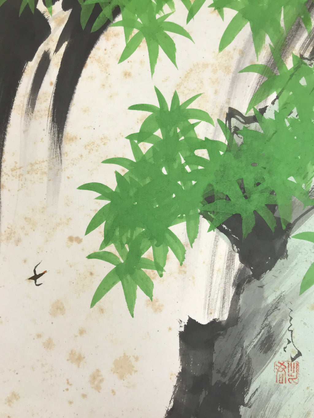 Japanese Shikishi Art Board Vtg Painting Waterfall Scene Taki Bamboo Leaves A843-AD - Painting-chidorivintage.com