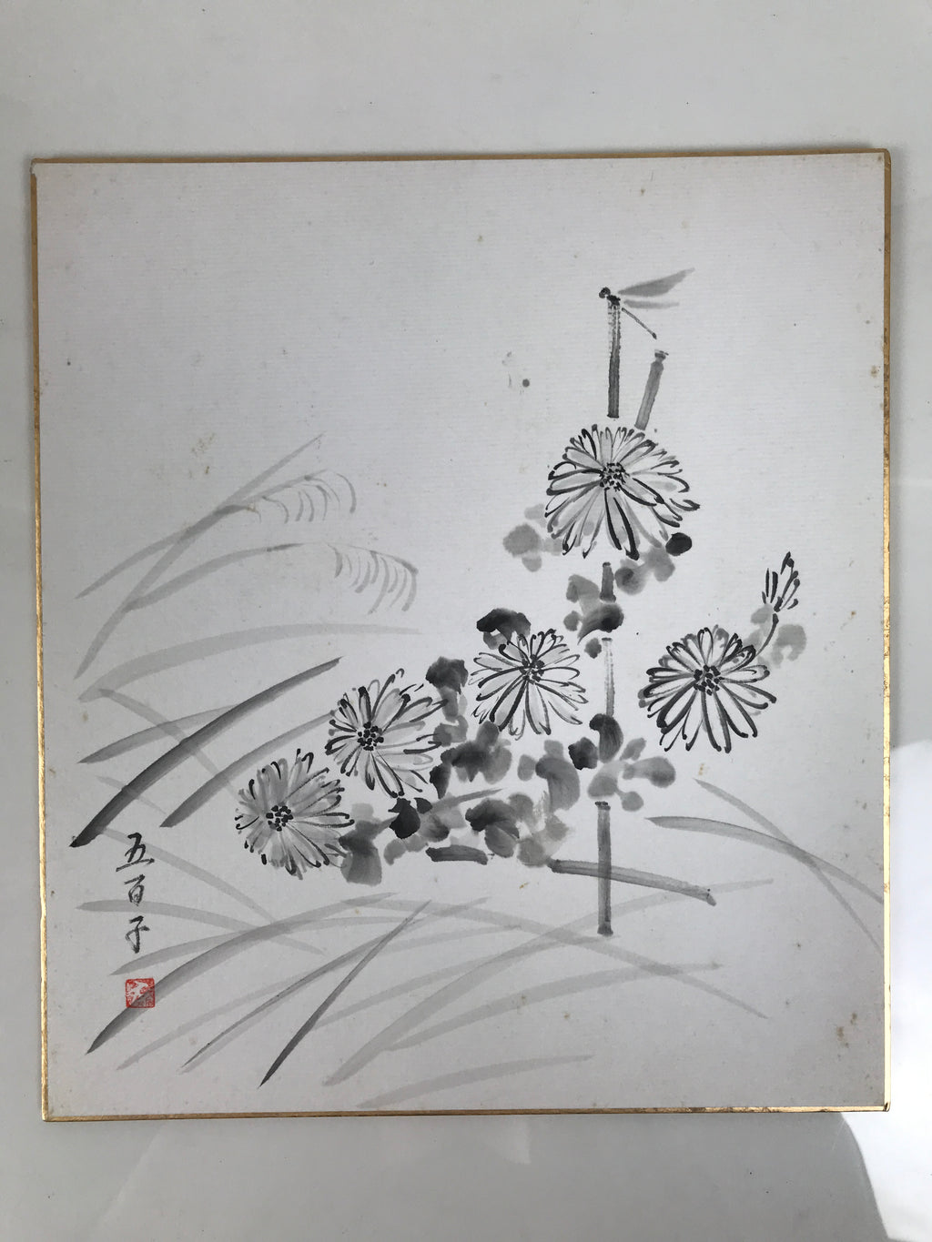 Japanese Shikishi Art Board Vtg Painting Black White Chrysanthemums Kiku A846-AD - Painting-chidorivintage.com