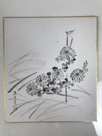 Japanese Shikishi Art Board Vtg Painting Black White Chrysanthemums Kiku A846-AD - Painting-chidorivintage.com