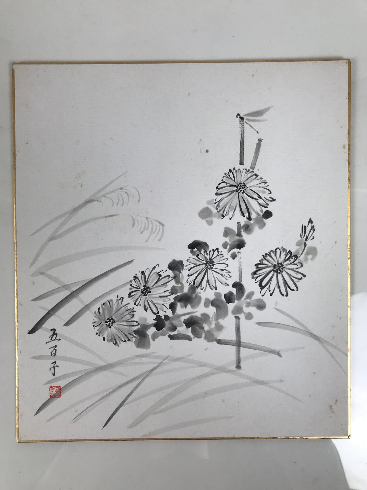 Japanese Shikishi Art Board Vtg Painting Black White Chrysanthemums Kiku A846-AD - Painting-chidorivintage.com