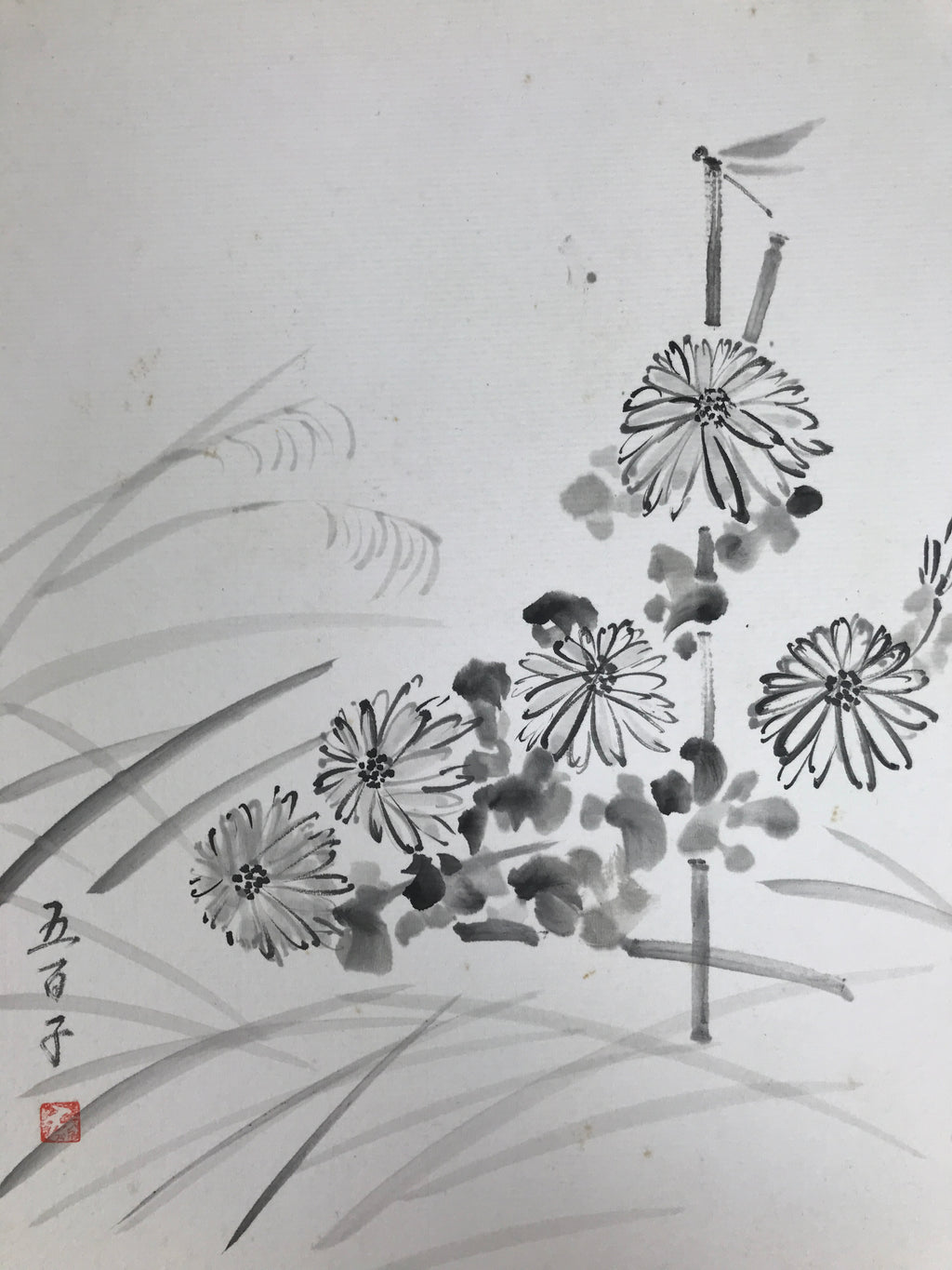 Japanese Shikishi Art Board Vtg Painting Black White Chrysanthemums Kiku A846-AD - Painting-chidorivintage.com