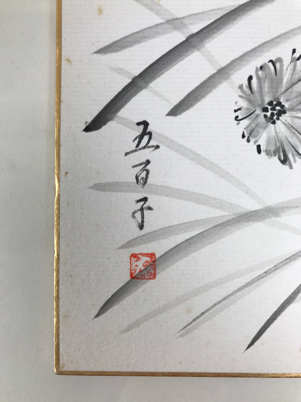 Japanese Shikishi Art Board Vtg Painting Black White Chrysanthemums Kiku A846-AD - Painting-chidorivintage.com