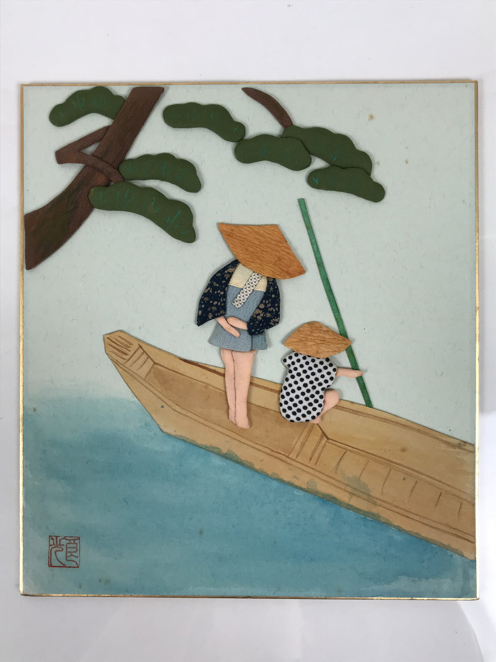 Japanese Shikishi Art Board Oshie Silk Fabric Traditional River Boat Ride A826-AD - Painting-chidorivintage.com