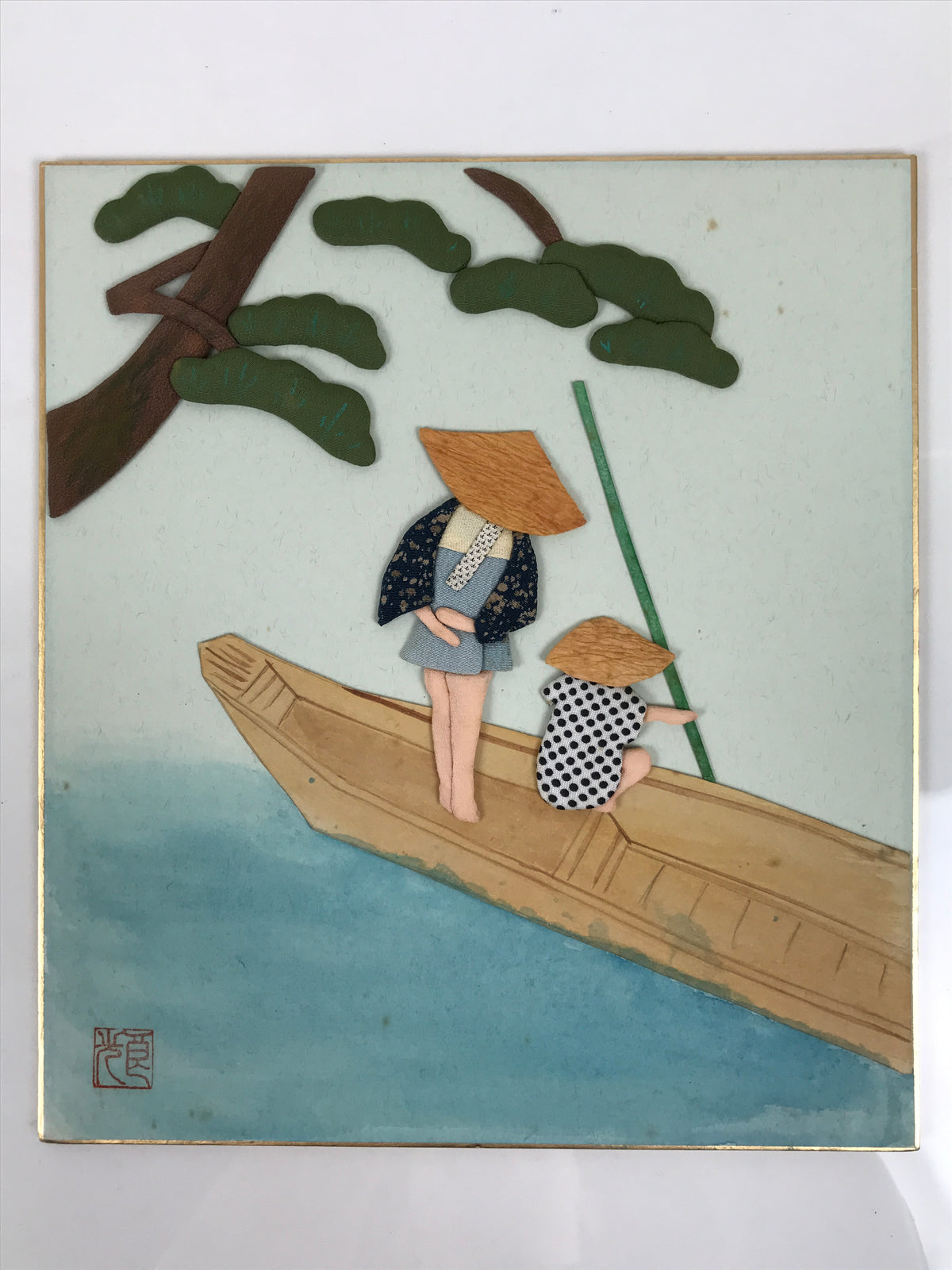 Japanese Shikishi Art Board Oshie Silk Fabric Traditional River Boat Ride A826-AD - Painting-chidorivintage.com