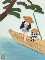 Japanese Shikishi Art Board Oshie Silk Fabric Traditional River Boat Ride A826-AD - Painting-chidorivintage.com