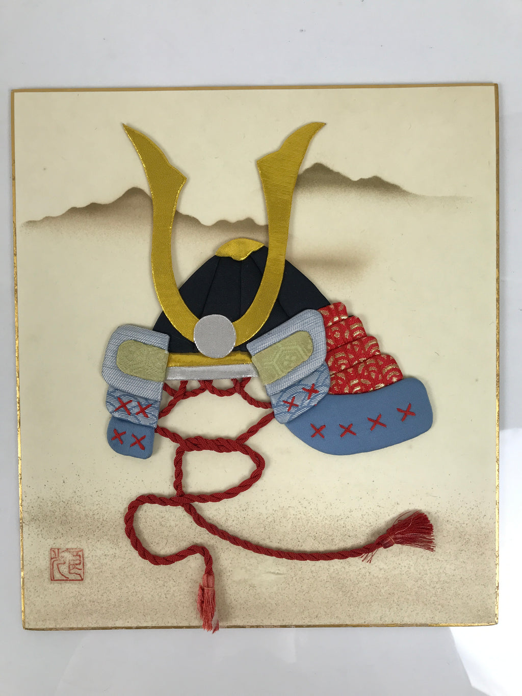 Japanese Shikishi Art Board Oshie Silk Fabric Vtg Kabuto Samurai Helmet A825-AD - Painting-chidorivintage.com