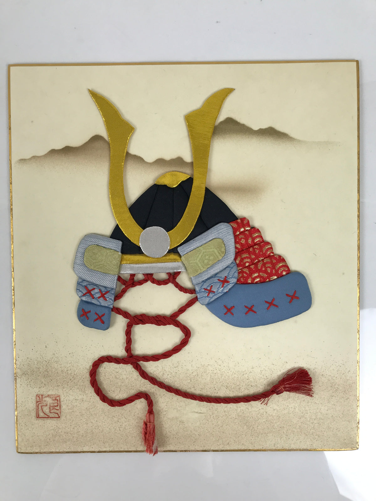 Japanese Shikishi Art Board Oshie Silk Fabric Vtg Kabuto Samurai Helmet A825-AD - Painting-chidorivintage.com