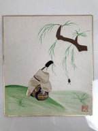 Japanese Shikishi Art Board Oshie Silk Fabric Vtg Kimono Man Pond Frog A831-AD - Painting-chidorivintage.com