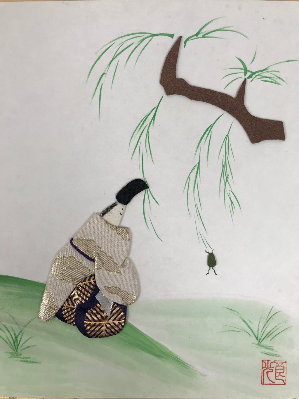 Japanese Shikishi Art Board Oshie Silk Fabric Vtg Kimono Man Pond Frog A831-AD - Painting-chidorivintage.com