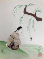 Japanese Shikishi Art Board Oshie Silk Fabric Vtg Kimono Man Pond Frog A831-AD - Painting-chidorivintage.com
