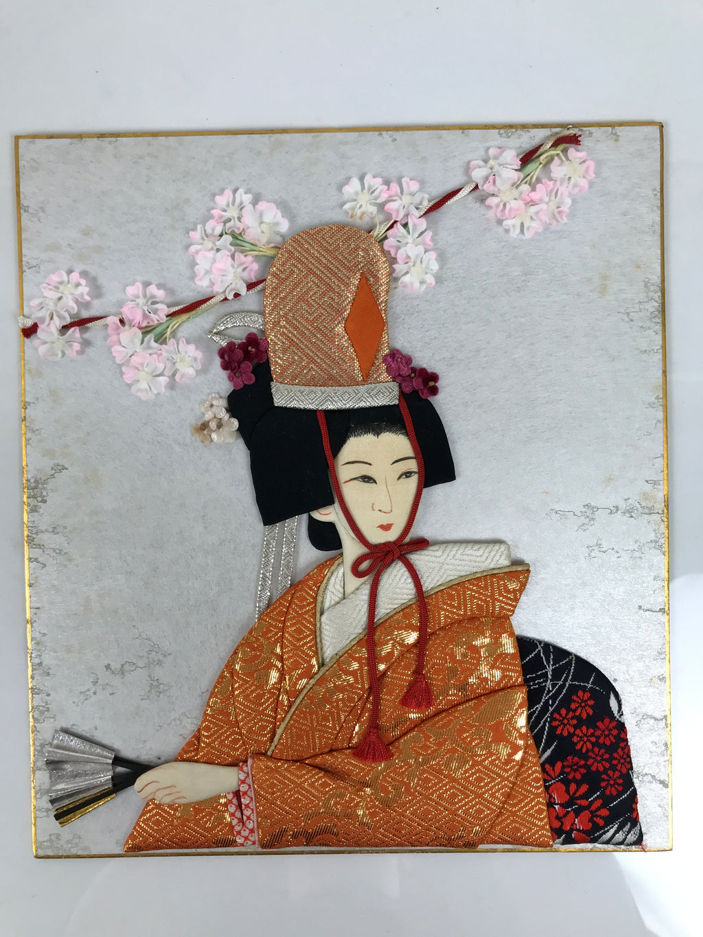 Japanese Shikishi Art Board Oshie Silk Fabric Vtg Kimono Woman Pink Flowers A829-AD - Painting-chidorivintage.com