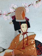 Japanese Shikishi Art Board Oshie Silk Fabric Vtg Kimono Woman Pink Flowers A829-AD - Painting-chidorivintage.com