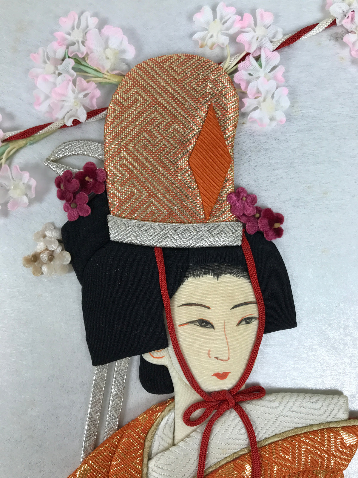 Japanese Shikishi Art Board Oshie Silk Fabric Vtg Kimono Woman Pink Flowers A829-AD - Painting-chidorivintage.com