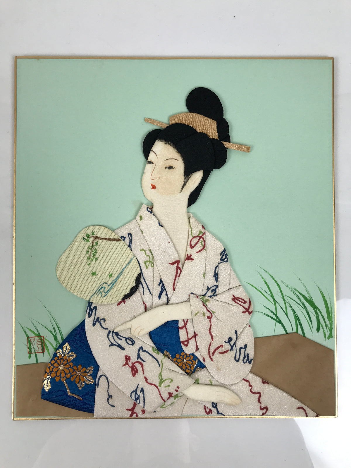 Japanese Shikishi Art Board Oshie Silk Fabric Summer Kimono Woman Uchiwa A827-AD - Painting-chidorivintage.com