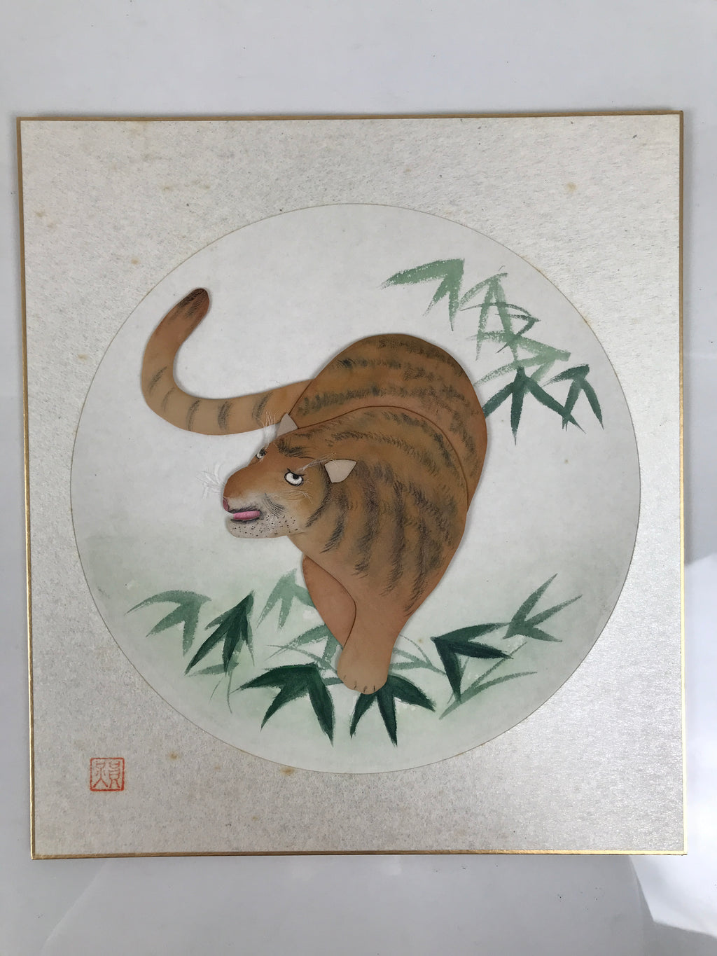 Japanese Shikishi Art Board Oshie Silk Fabric Zodiac Tiger Tora Bamboo Leaf A832-AD - Painting-chidorivintage.com