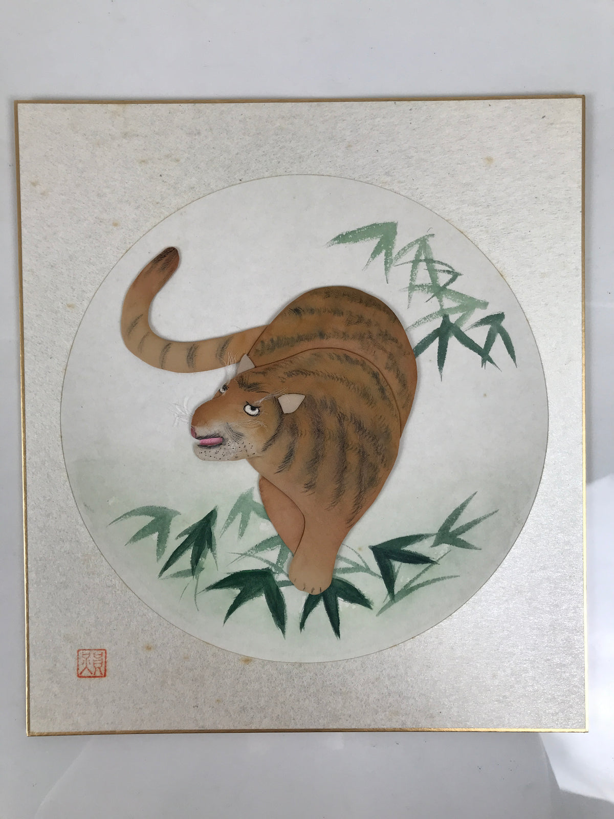 Japanese Shikishi Art Board Oshie Silk Fabric Zodiac Tiger Tora Bamboo Leaf A832-AD - Painting-chidorivintage.com