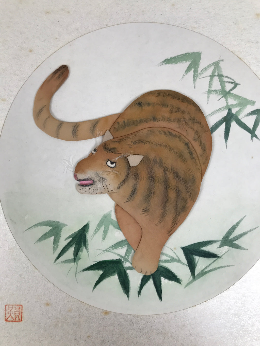 Japanese Shikishi Art Board Oshie Silk Fabric Zodiac Tiger Tora Bamboo Leaf A832-AD - Painting-chidorivintage.com
