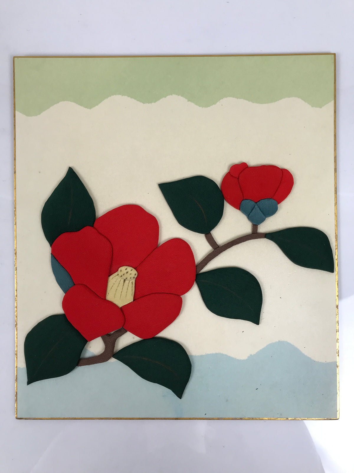 Japanese Shikishi Art Board Oshie Silk Vtg Camellia Flower Red Tsubaki A824-AD - Painting-chidorivintage.com