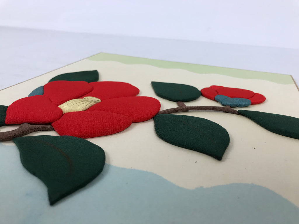Japanese Shikishi Art Board Oshie Silk Vtg Camellia Flower Red Tsubaki A824-AD - Painting-chidorivintage.com