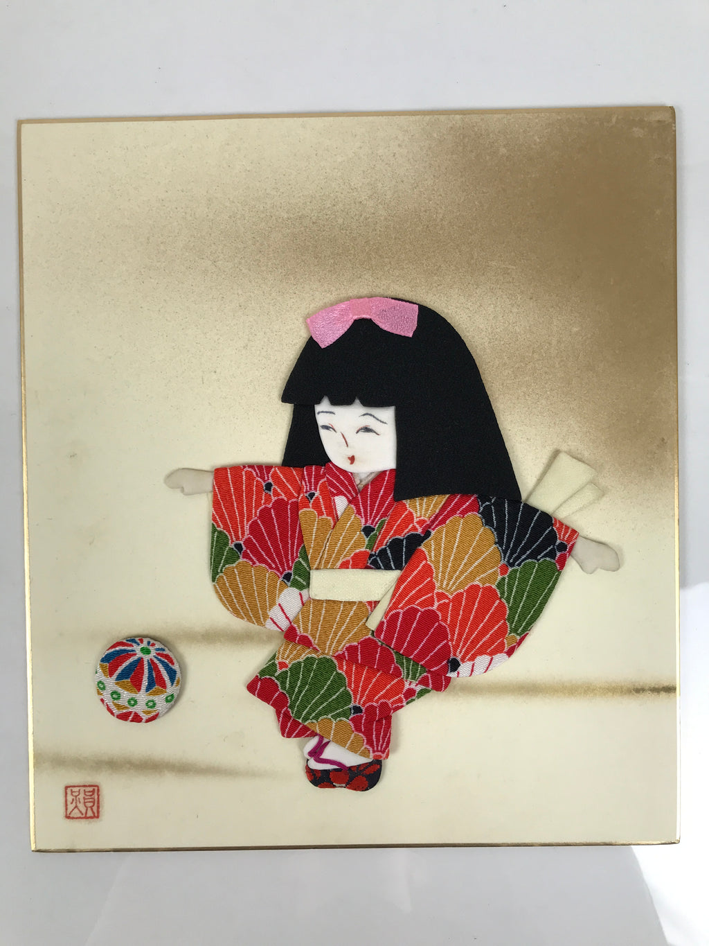 Japanese Shikishi Art Board Oshie Silk Fabric Vtg Kimono Girl Temari Ball A830-AD - Painting-chidorivintage.com