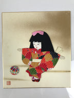 Japanese Shikishi Art Board Oshie Silk Fabric Vtg Kimono Girl Temari Ball A830-AD - Painting-chidorivintage.com