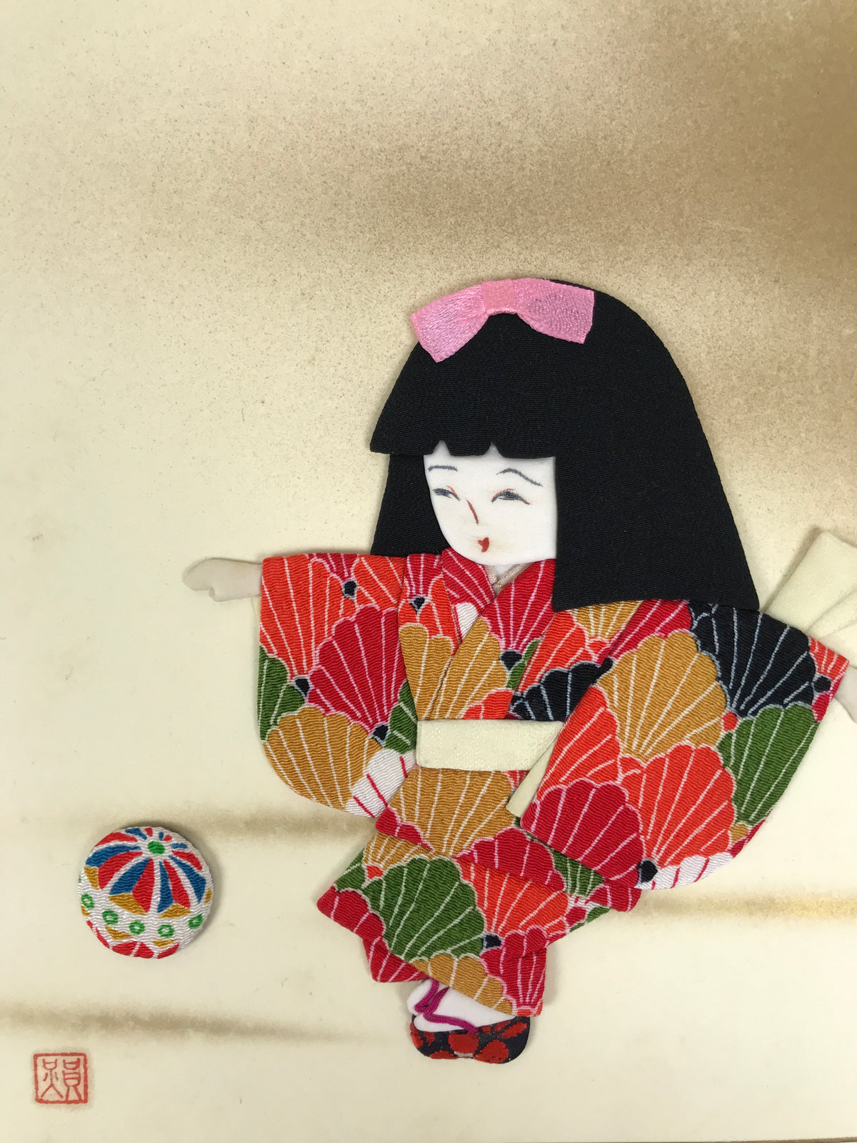 Japanese Shikishi Art Board Oshie Silk Fabric Vtg Kimono Girl Temari Ball A830-AD - Painting-chidorivintage.com