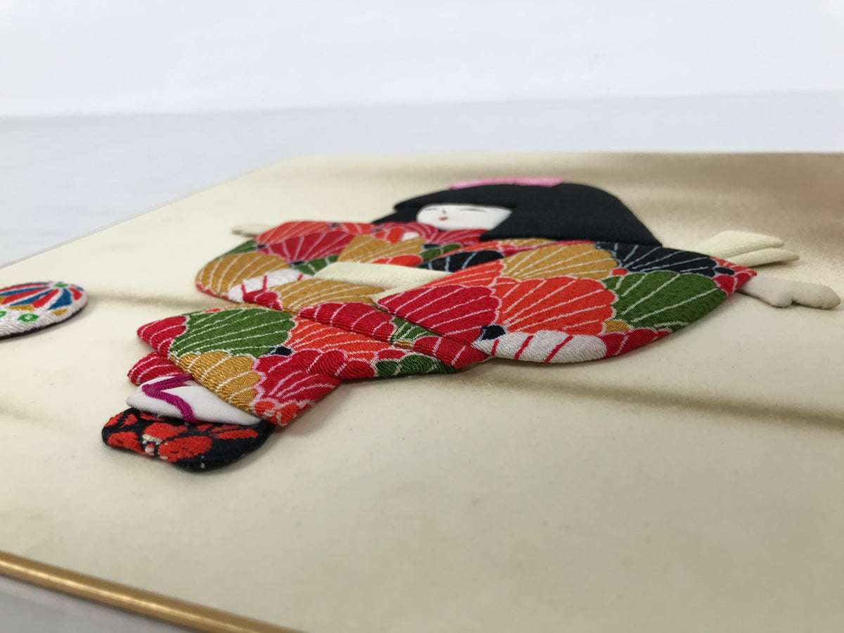 Japanese Shikishi Art Board Oshie Silk Fabric Vtg Kimono Girl Temari Ball A830-AD - Painting-chidorivintage.com