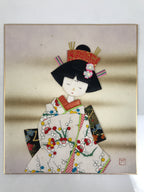 Japanese Shikishi Art Board Oshie Silk Fabric Vtg Plum Blossom Kimono Girl A828-AD - Painting-chidorivintage.com