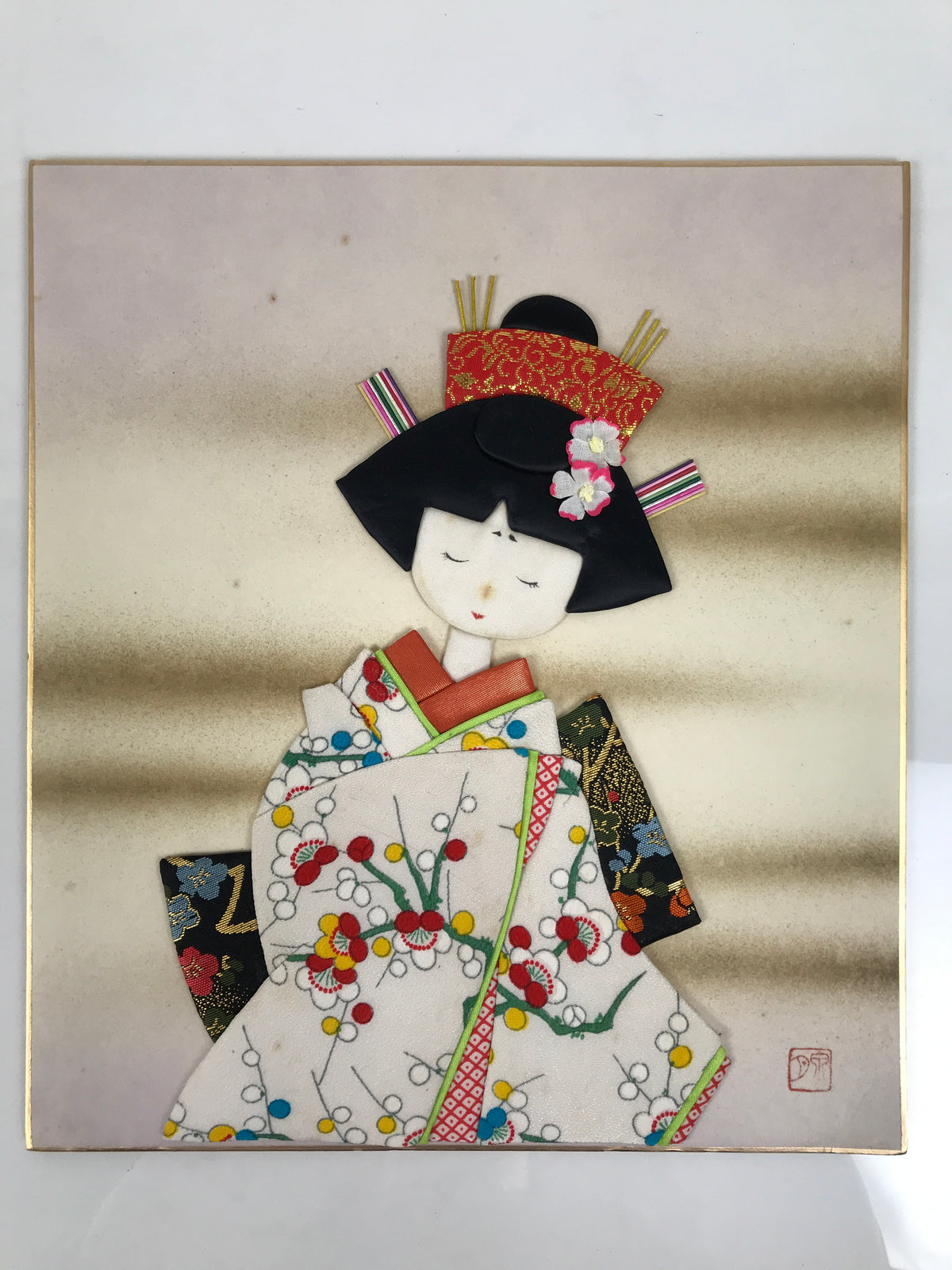Japanese Shikishi Art Board Oshie Silk Fabric Vtg Plum Blossom Kimono Girl A828-AD - Painting-chidorivintage.com