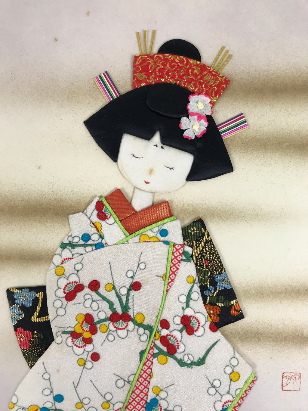Japanese Shikishi Art Board Oshie Silk Fabric Vtg Plum Blossom Kimono Girl A828-AD - Painting-chidorivintage.com