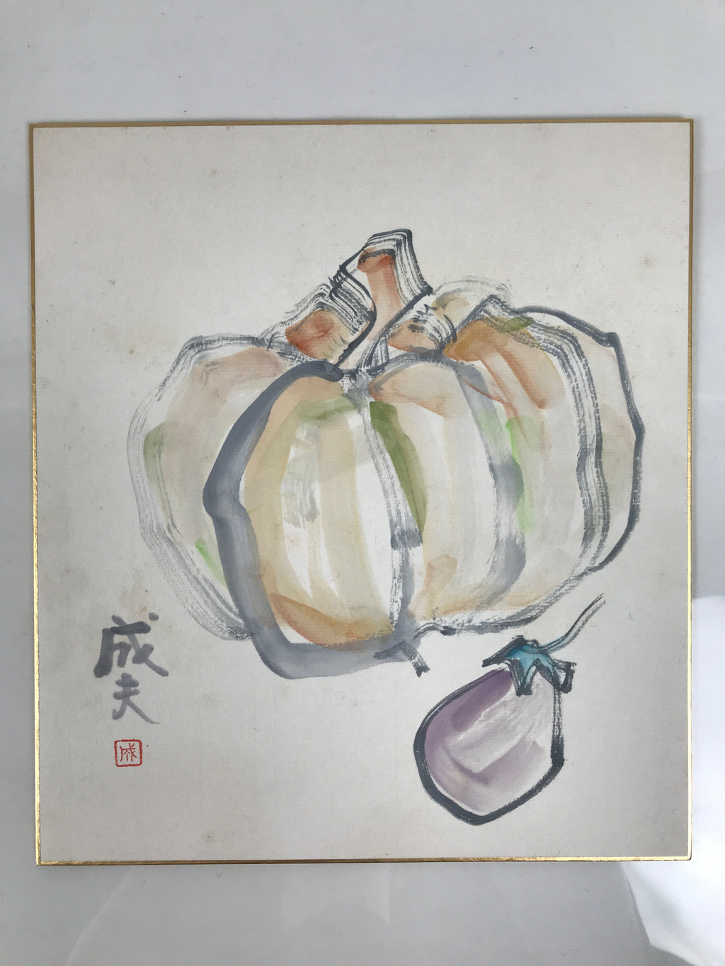 Japanese Shikishi Art Board Vtg Painting Kabocha Nasu Pumpkin Eggplant A847-AD - Painting-chidorivintage.com