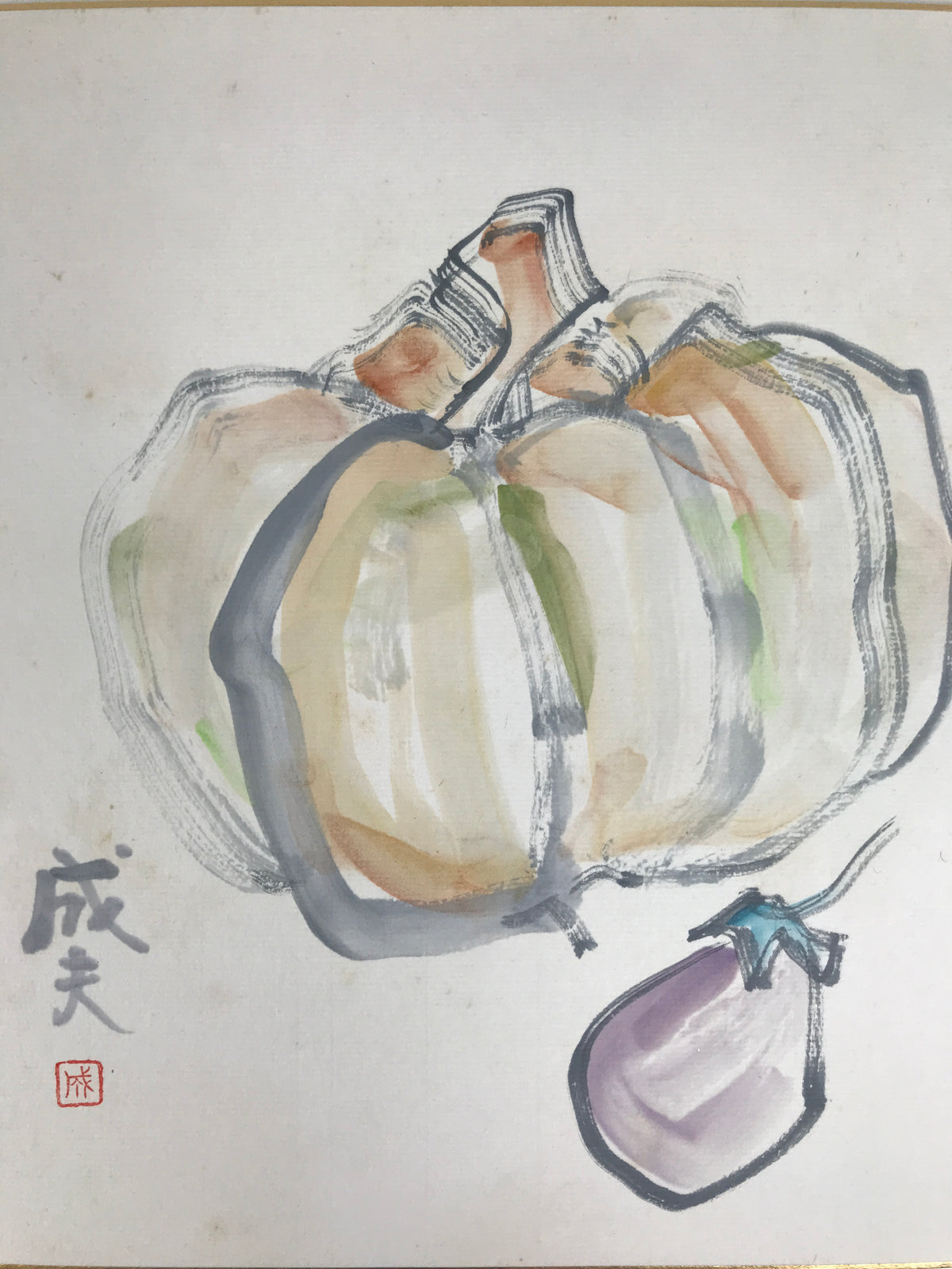 Japanese Shikishi Art Board Vtg Painting Kabocha Nasu Pumpkin Eggplant A847-AD - Painting-chidorivintage.com