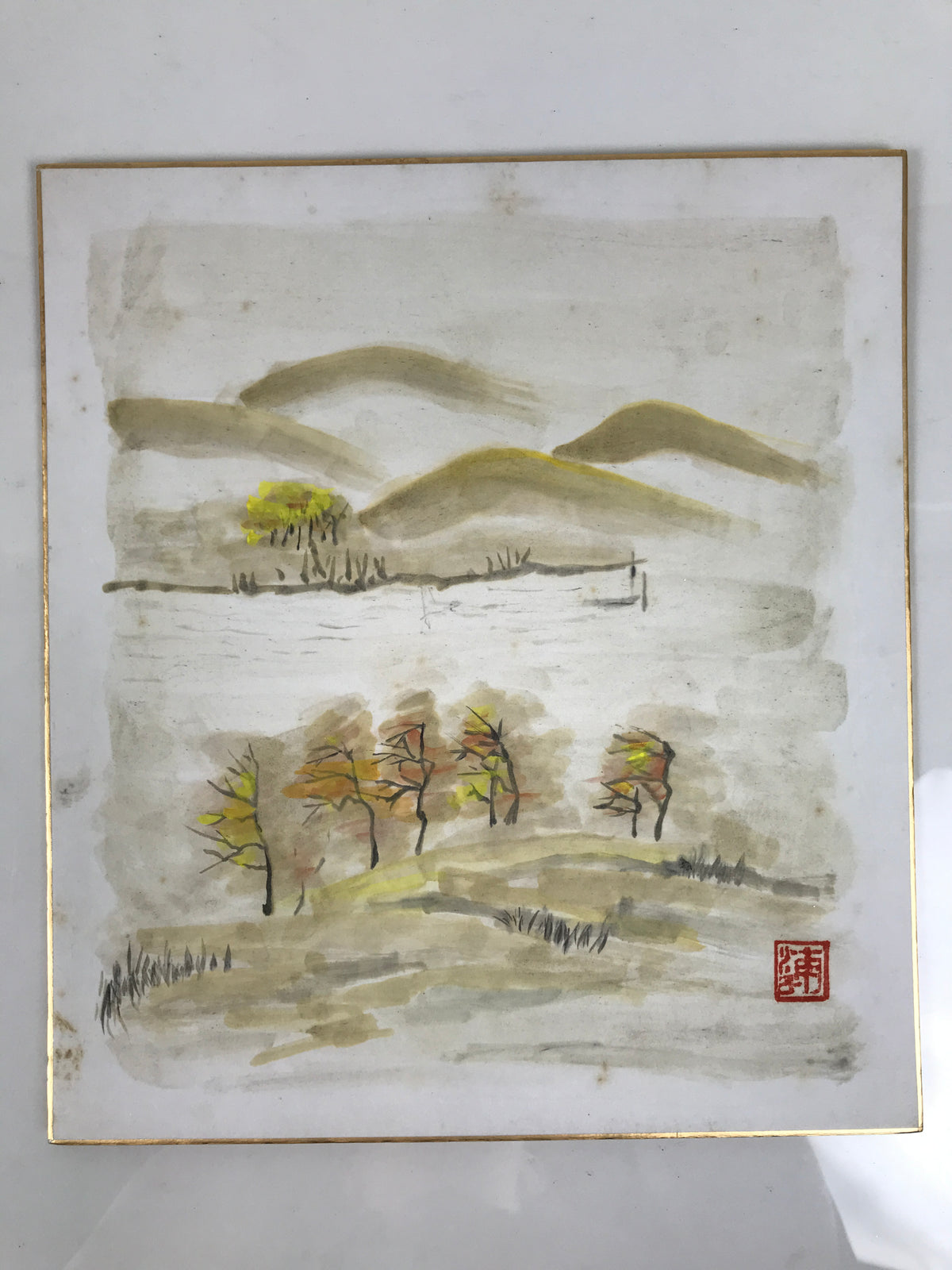 Japanese Shikishi Art Board Vtg Painting Autumn Mountain Valley River Scene A848-AD - Painting-chidorivintage.com