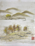 Japanese Shikishi Art Board Vtg Painting Autumn Mountain Valley River Scene A848-AD - Painting-chidorivintage.com
