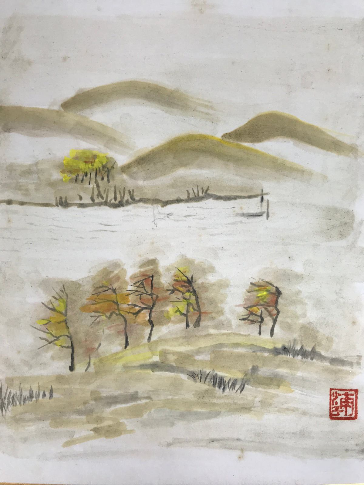 Japanese Shikishi Art Board Vtg Painting Autumn Mountain Valley River Scene A848-AD - Painting-chidorivintage.com