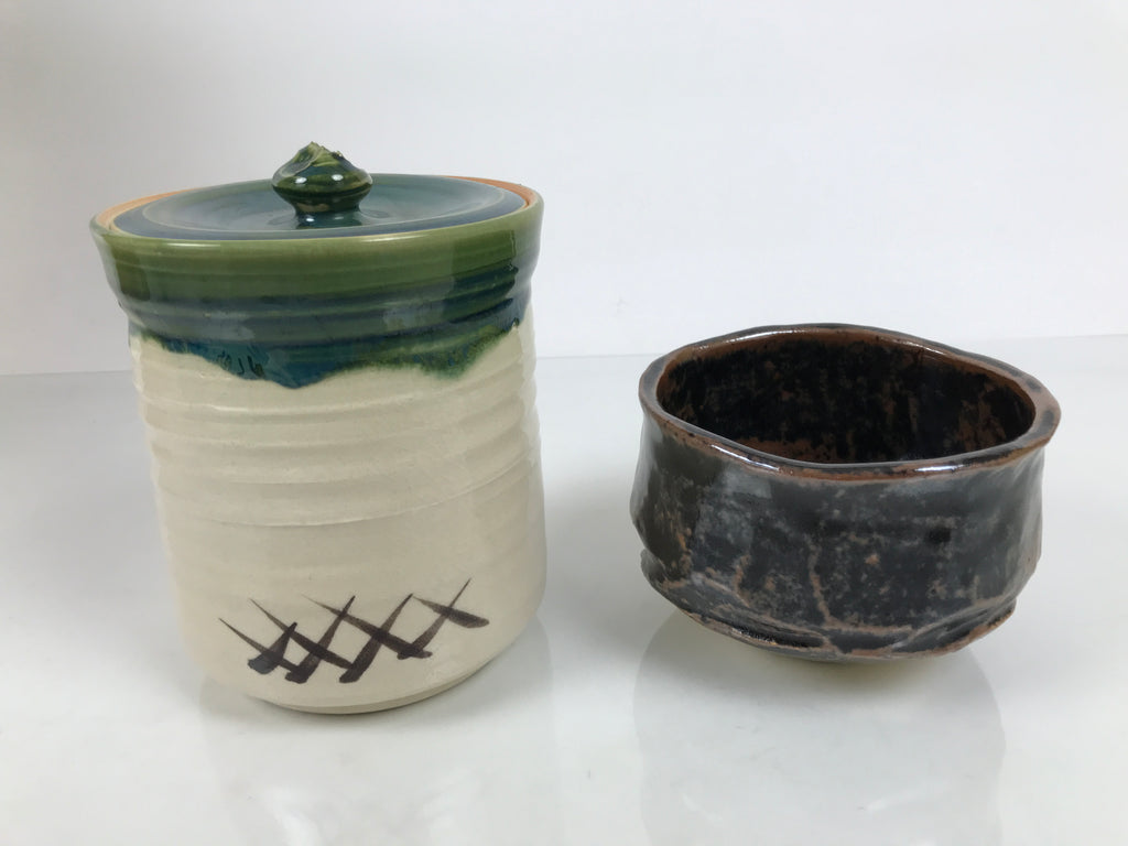 Japanese Tea Ceremony Set Chabako Wooden Box Vtg Pottery Chawan Sado PX818