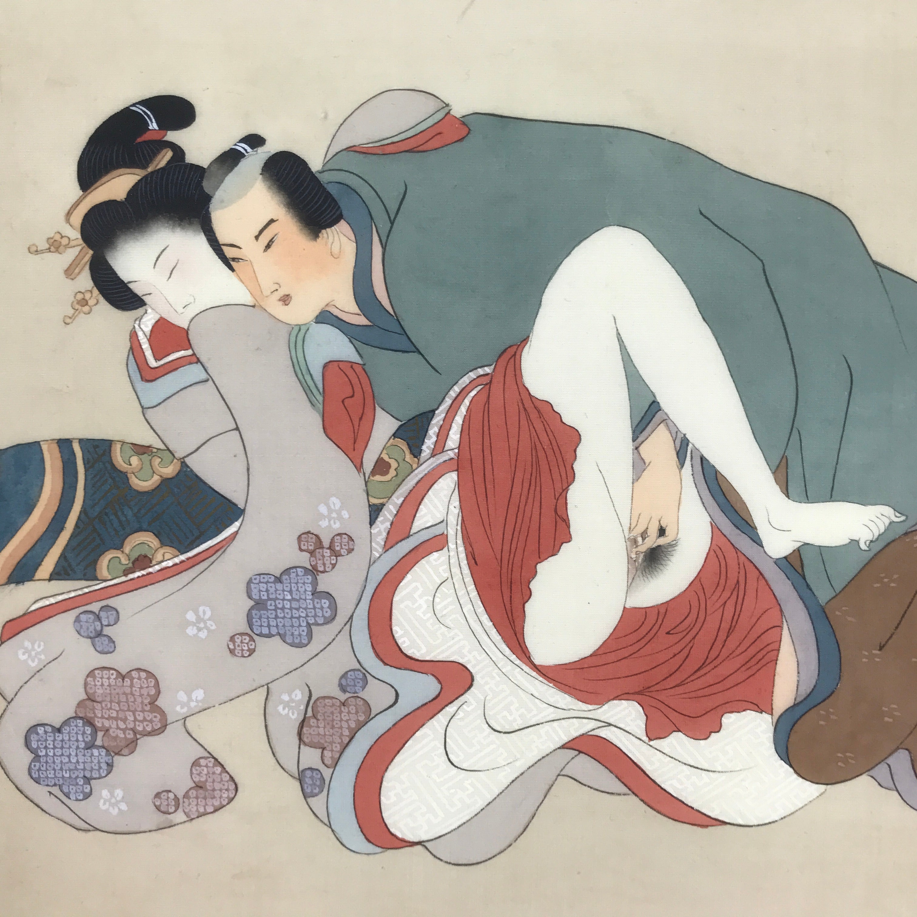 Antique Japanese Hand-Painted Silk Shunga Art Kimono Couple Romantic Scene SP5-AD - Print-chidorivintage.com