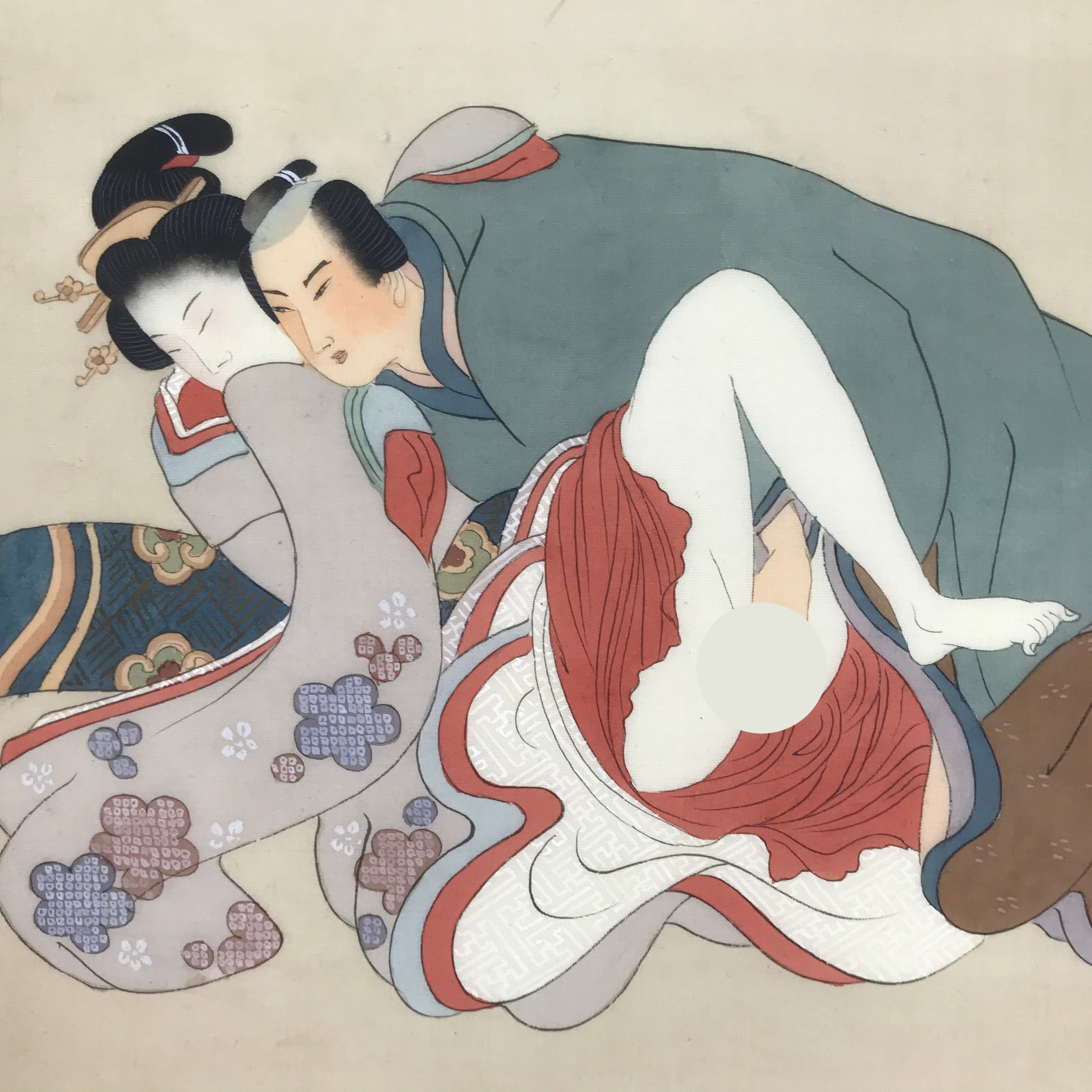 Antique Japanese Hand-Painted Silk Shunga Art Kimono Couple Romantic Scene SP5-AD - Print-chidorivintage.com
