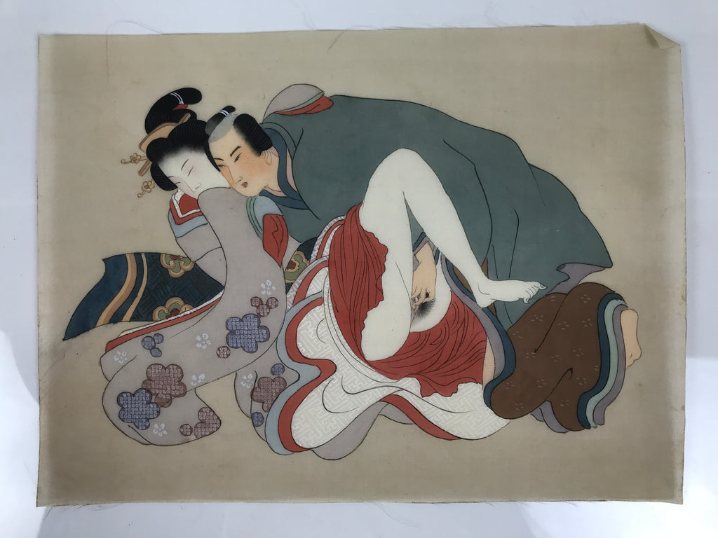 Antique Japanese Hand-Painted Silk Shunga Art Kimono Couple Romantic Scene SP5-AD - Print-chidorivintage.com